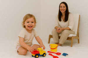 Bambino felice nella stanza del sale durante una seduta di haloterapia pediatrica